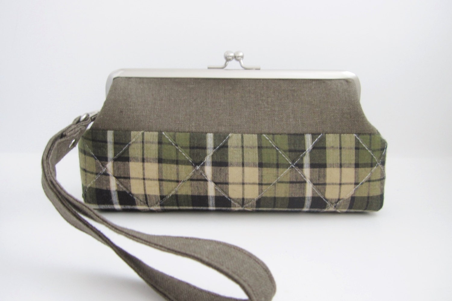 Wristlet frame clutch purse- brown linen and plaid patchwork