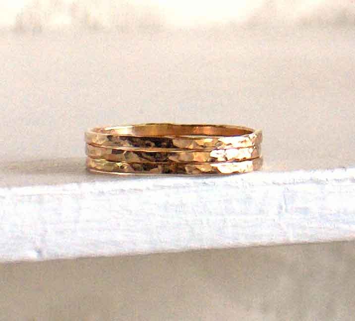 3 Yellow Gold Stacking Band Rings - 14k Yellow Gold Slender Narrow Hammered Band Stacking Rings - Made to Order