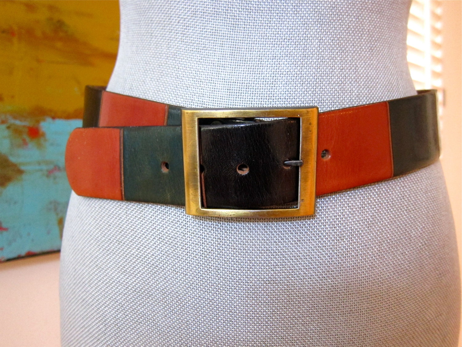 Striped Cowhide Belt Handmade Women's Vintage Leather Accessory Green Black Rust Color Blocks Antiqued Brass Buckle Wonderful Condition