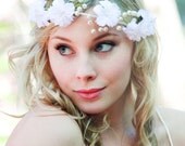 white flower crown, ivory pearls headband