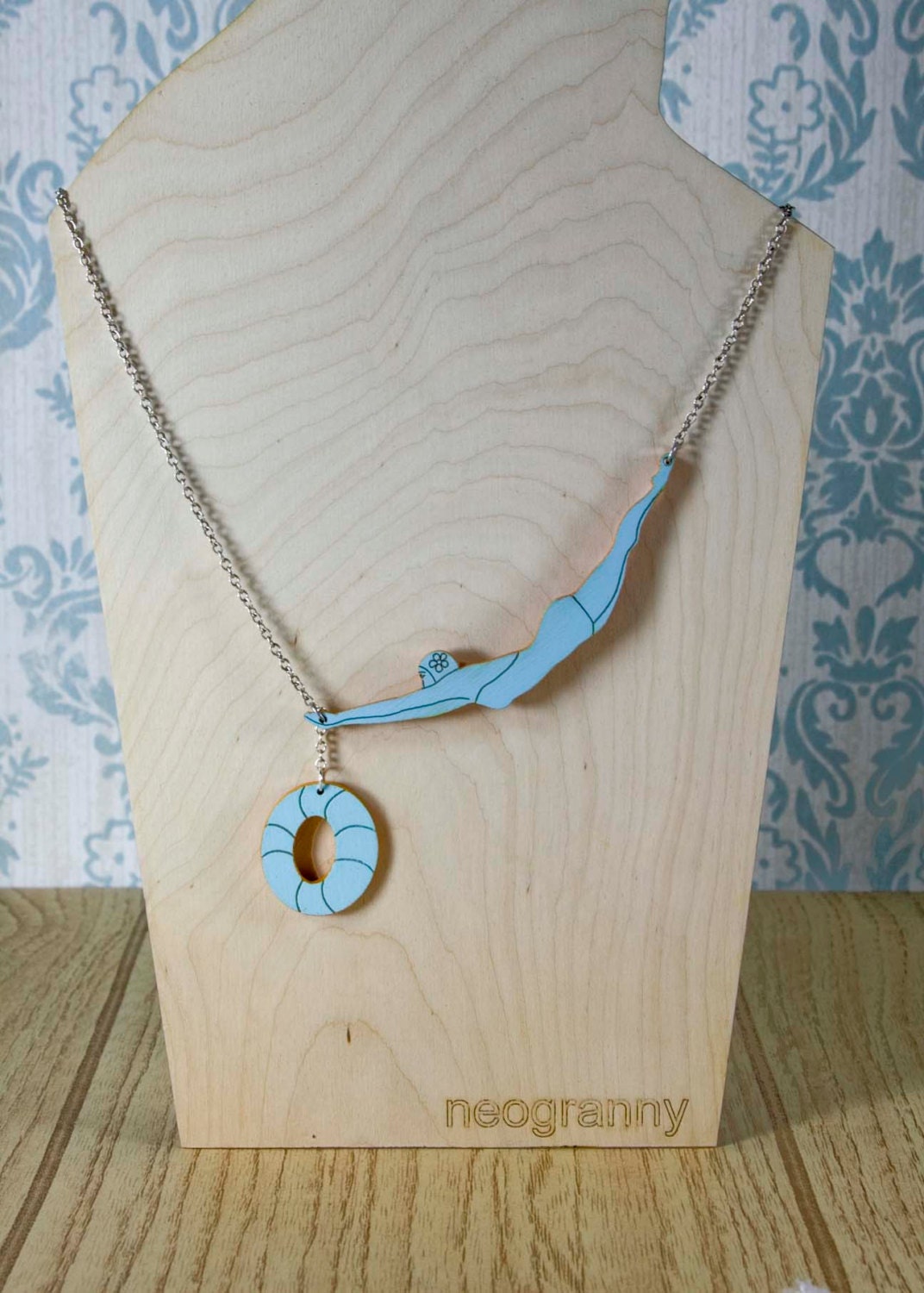 Statement Necklace- Lucky Diver Lady Laser Cut, Hand Painted w/ Sterling Silver Chain