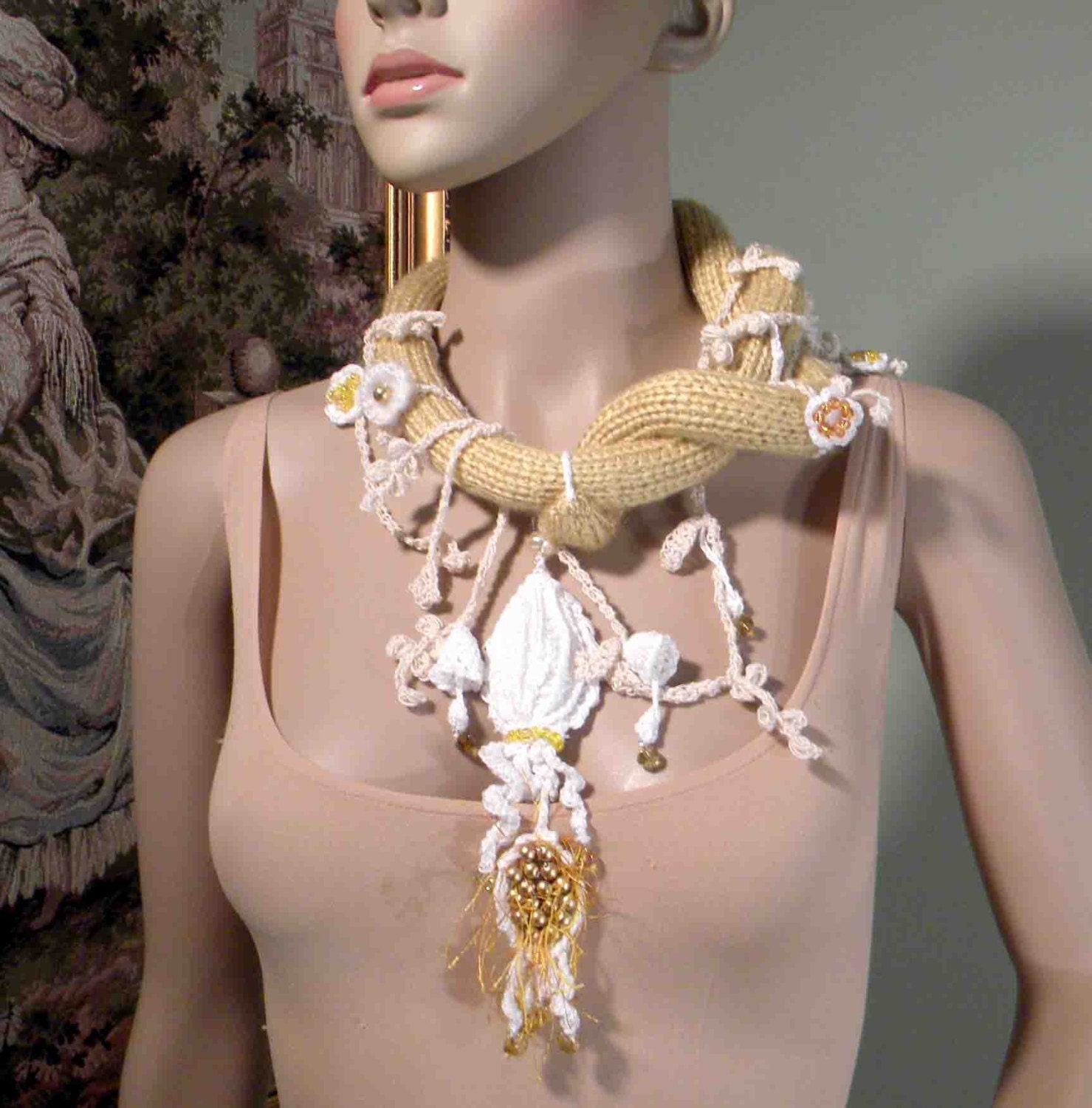 TRENDY NECKLACE/LARIAT - Wearable Fiber Art Jewelry, Irish Lace Motif, Freeform Crocheted,