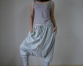 Grey Stretch Cotton Mix Polyester Funky Drop Crotch Harem Ninja Yoga Unisex Pants Trousers With Adjustable Drawstring Waist