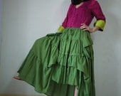 Take Me to Your Heart...Steampunk Short Front/ Long back Tiered  Green Light Cotton Skirt With 2 Roomy Pockets