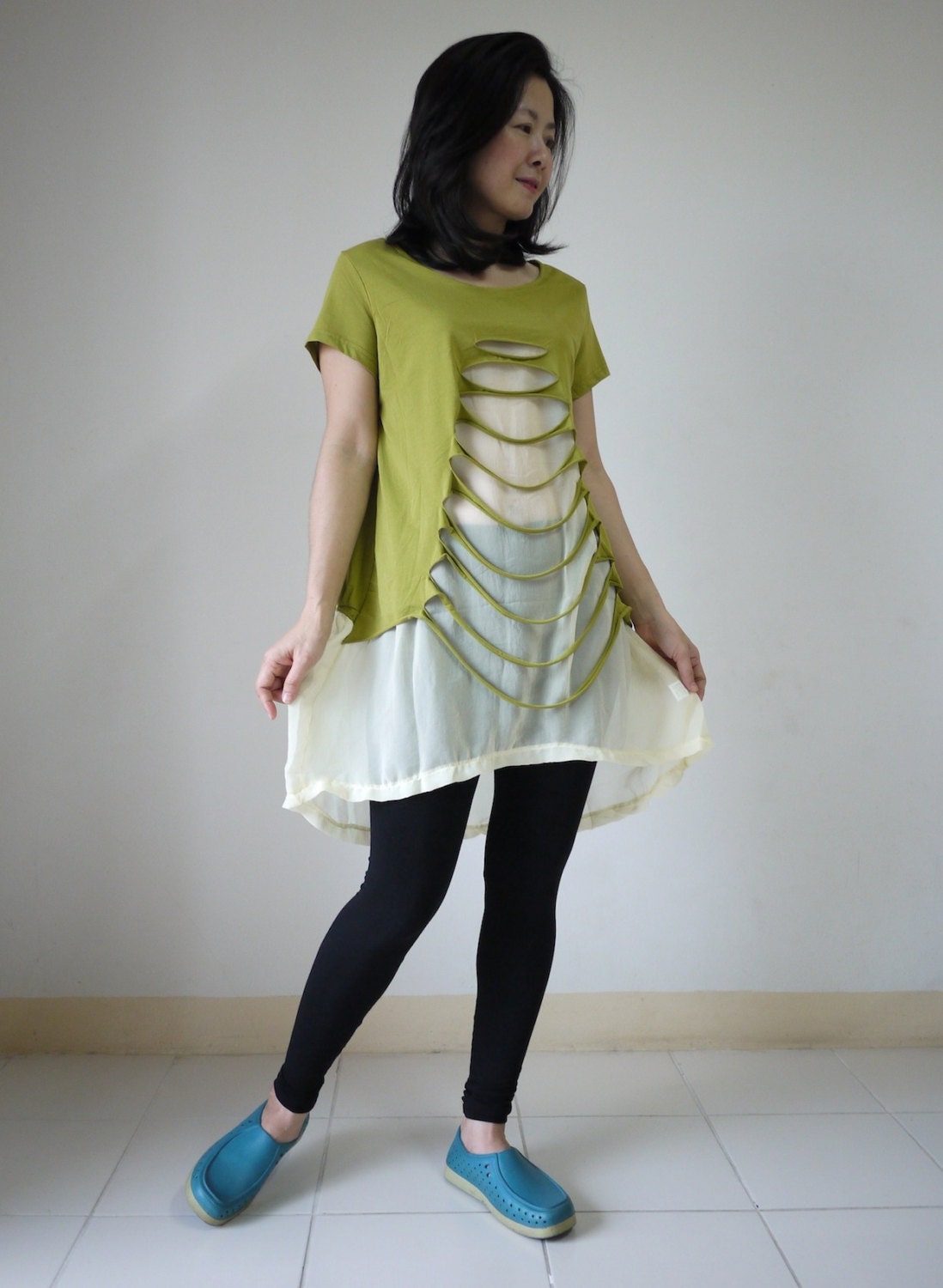 SEXY RIP & TEAR - Funky Short Sleeve Scoop Neck Double Layer Tunic In Green Jersey Cotton With Cream Chiffon