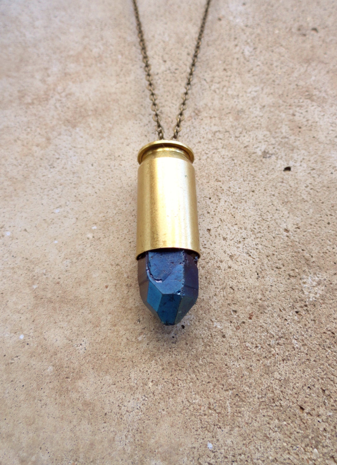 30% OFF COUPON SALE - Mystic Blue No. 3 - Mystic Blue Titanium Quartz Bullet Pendant on Brass Chain