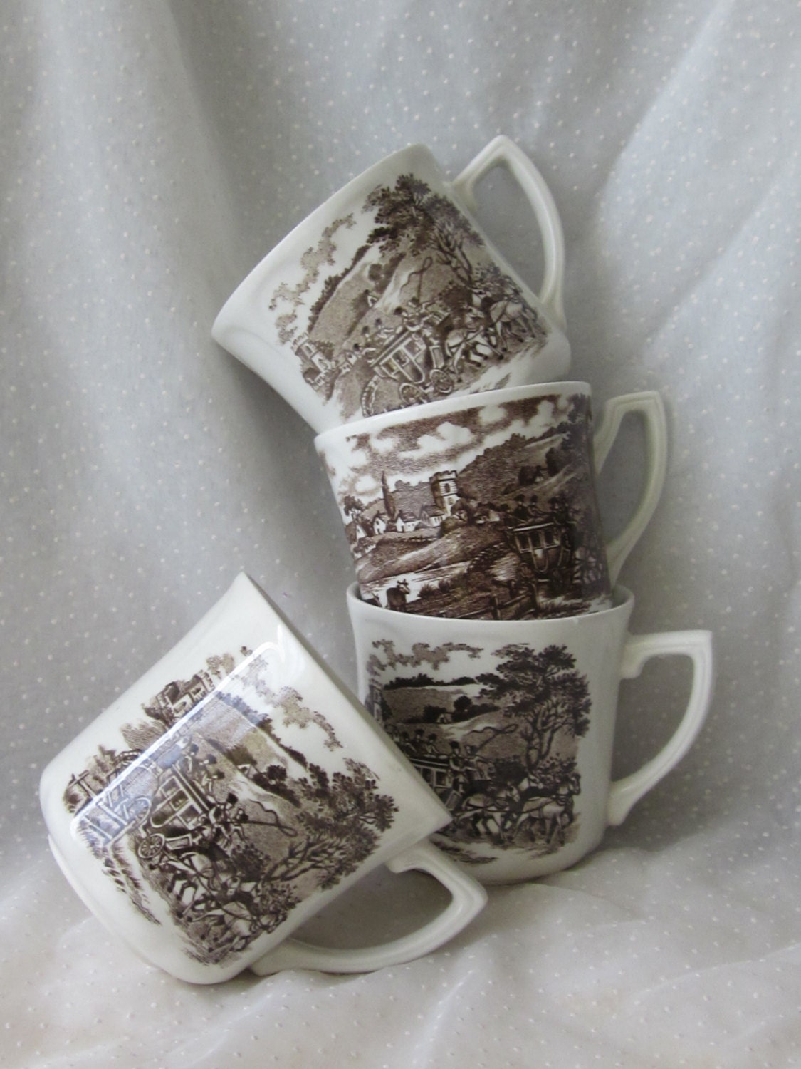 4 Brown Transferware  Cups J  and G Meakin Stage Vintage Made in England