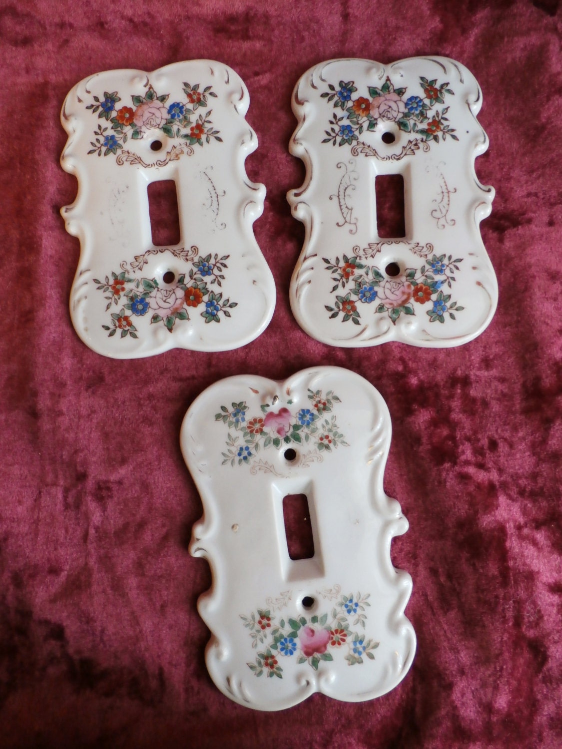 3 Pretty Porcelain Light Switch Plates Vintage Shabby Chic Rose Design