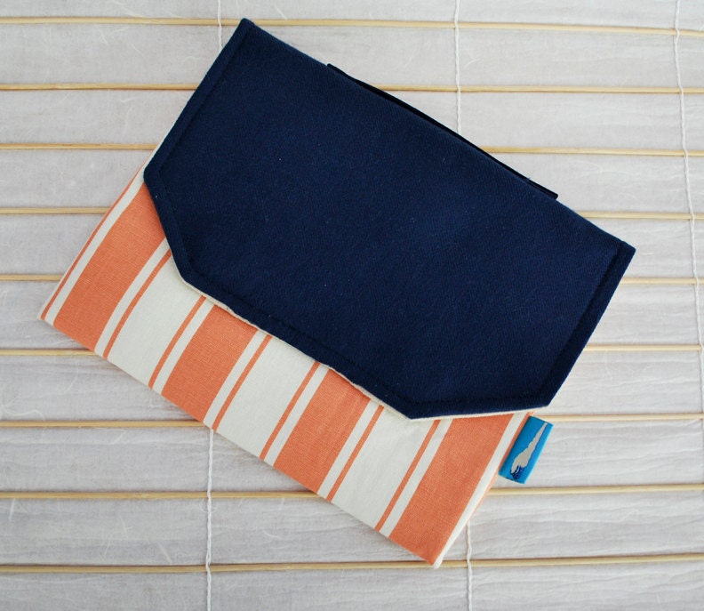 iPad / eReader / Tablet Padded Sleeve - Orange Nautical Stripe with Navy Blue (Upcycled Fabric)