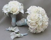 Blue Wedding Flower Package Bridal Bouquet Stephanotis Real Touch Roses Calla Lilies Maid of Honor Bouquet Groom's  Best Man Boutonniere