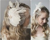 Bridal Feather Hairpiece with Veiling. Bridal Fascinator, Ivory Feather Headpiece. Wedding Fascinator, Bridal Headpiece, Hair Accessory