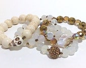 White Gold Bracelet Set, Gold Bracelet Stack, Bohemian Jewelry, Beaded Bracelets, Skull Bracelet