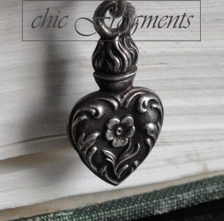FLAMING Sacred Heart Antique Floral Bangle Bracelet. Victorian French Sterling Silver Puffy Heart. Sweet Forget Me Not. Excellent Condition