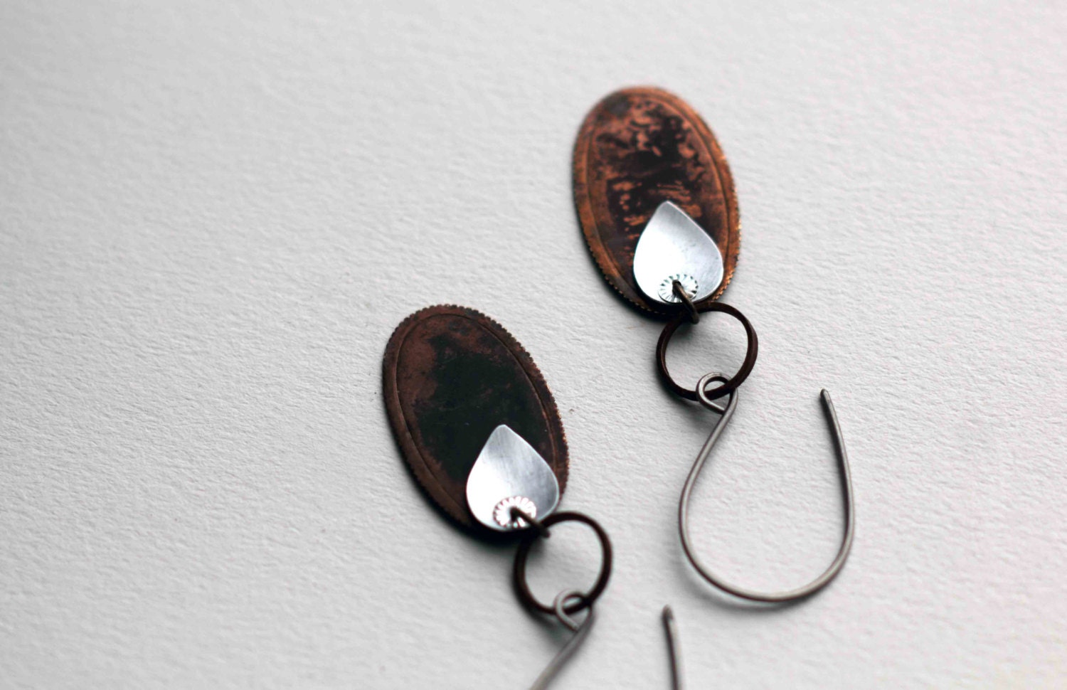 Copper drops earrings aluminum silver leaves upcycled metal minimalistic urban ecofriendly
