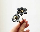 Black flower hair pins set of 2 hairpins floral matte black flower golden flower hair clip hair bun