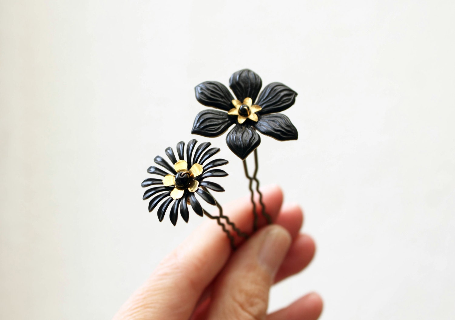 Black flower hair pins set of 2 hairpins floral matte black flower golden flower hair clip hair bun