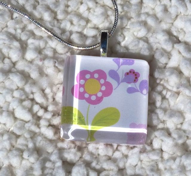 Large Pink Flower Scrabble Tile Glass Pendant, Flower Pendant, Spring Pendant