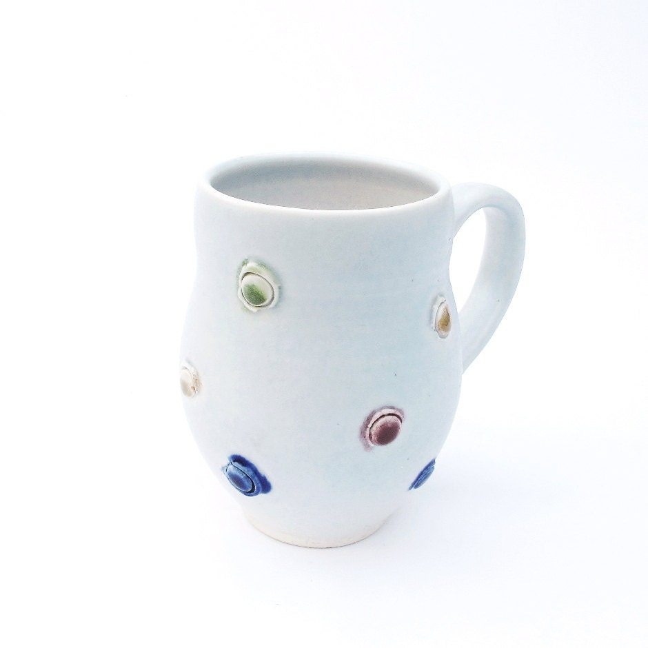 White Porcelain coffee cup with Mardi Gras dots, Large pottery mug, Modern Minimalist Kitchen Home Decor Geometric Handmade serving