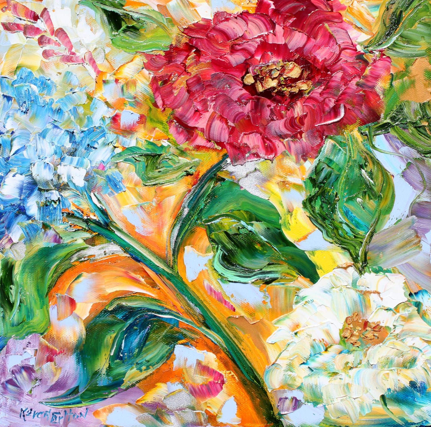 Original oil painting Spring Wild Flower Dance on canvas by Karen Tarlton impressionism impasto Flower palette knife fine art