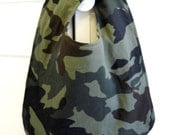 Camouflage and Black Check baby bib: made with recycled decorator fabric sample.
