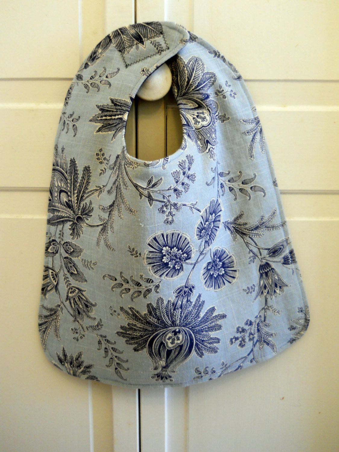 Blue Floral and Denim Baby Bib: made from a recycled decorator fabric sample.