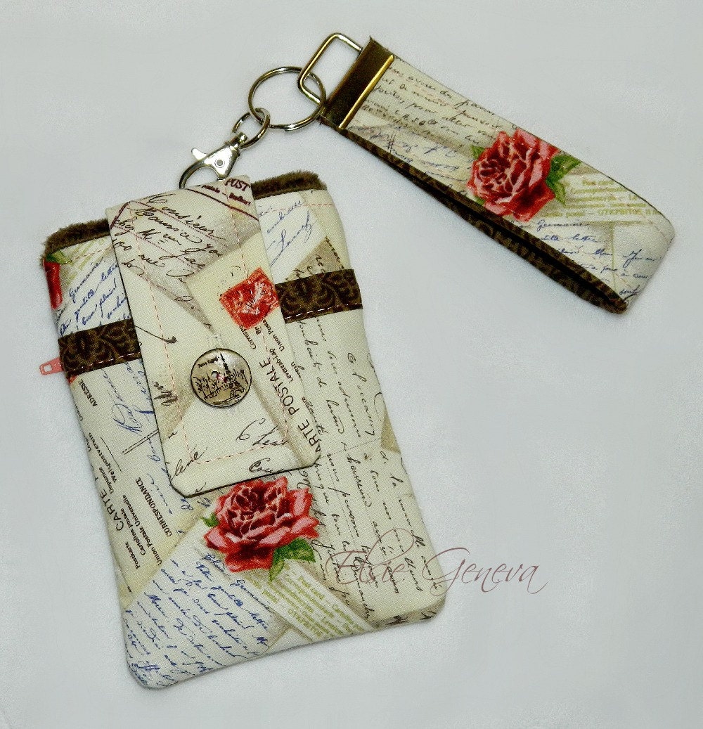 French Post Cards from Paris in Ivory Coral & Brown Phone Case with Wristlet with Button Closure with Back Zipper Pocket
