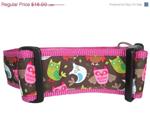 ON SALE Flock of Owls Dog Collar, 2 inch wide, rose, pink, brown, small, medium, large, ribbon, nylon, XL