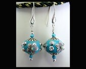 Ornate Turquoise Color Tibetan Style Beads with Swarovski Crystals Sterling Silver Dangle Earrings