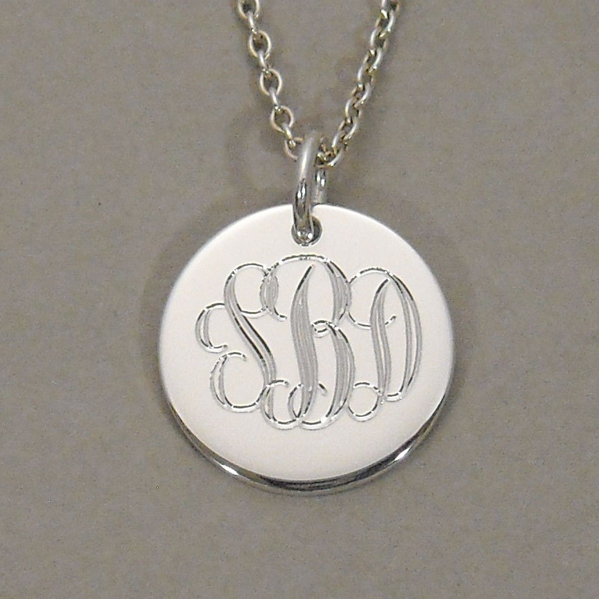 Personalized script triple initial pendant necklace engraved monogram 5/8 inch round circle disc charm UTLVS