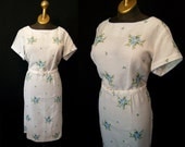 Lovely1950's XL  dead stock white cotton linen wiggle day dress with blue floral embroidery vlv curvy rockabilly - size XL
