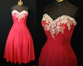 Lovely 1950's coral linen sweetheart strapless new look party dress vlv rockabilly pin up girl prom - size Small to Medium