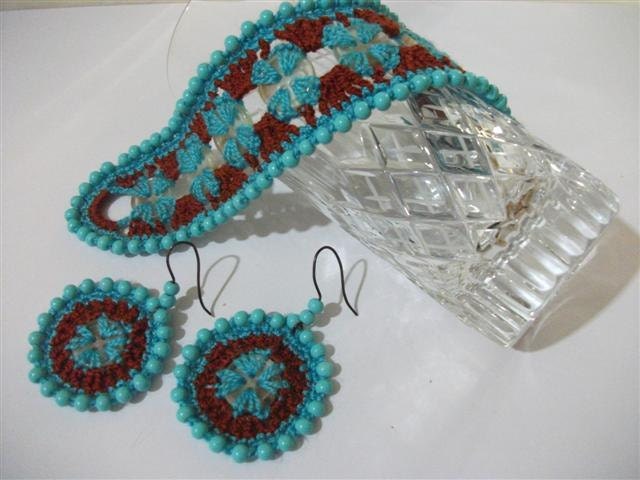 Blue and Brown Cuff And Earrings Crochet Button Cuff And  Earrings. Aqua