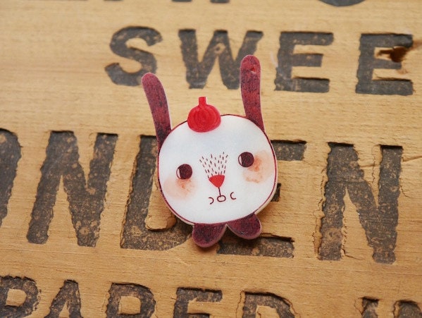 Rabbit with Red Beret - Shrink Plastic Brooch