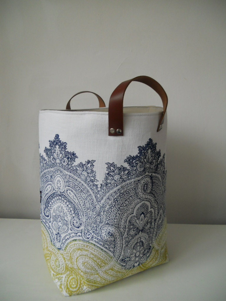 Large Hamper Baron Hand block printed with leather handles