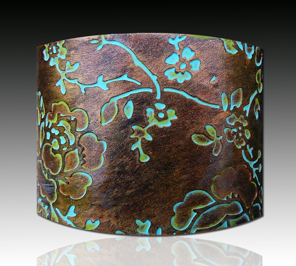 Rosebud polymer clay cuff bracelet copper and bronze with patina