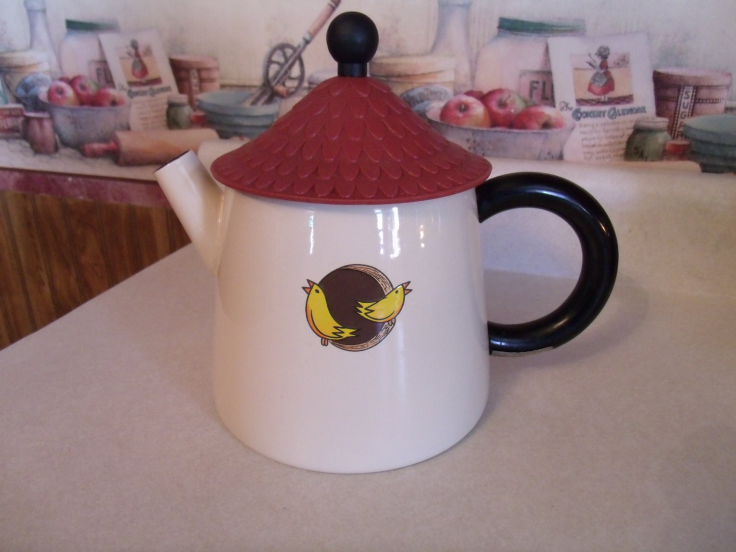 Vtg Enamelwear Birdhouse Teapot, Birds, 1970s, Very Unique and Cute