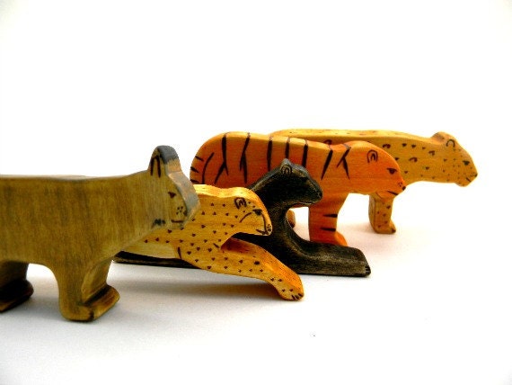 big cat wooden waldorf toy set cheetah leopard bobcat tiger panther