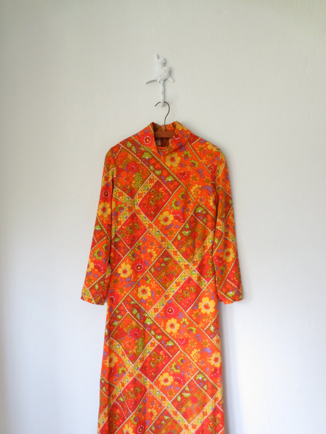 Psychedelic 60s Dress ... Vintage Mod Orange Print Maxi Gown ... Medium