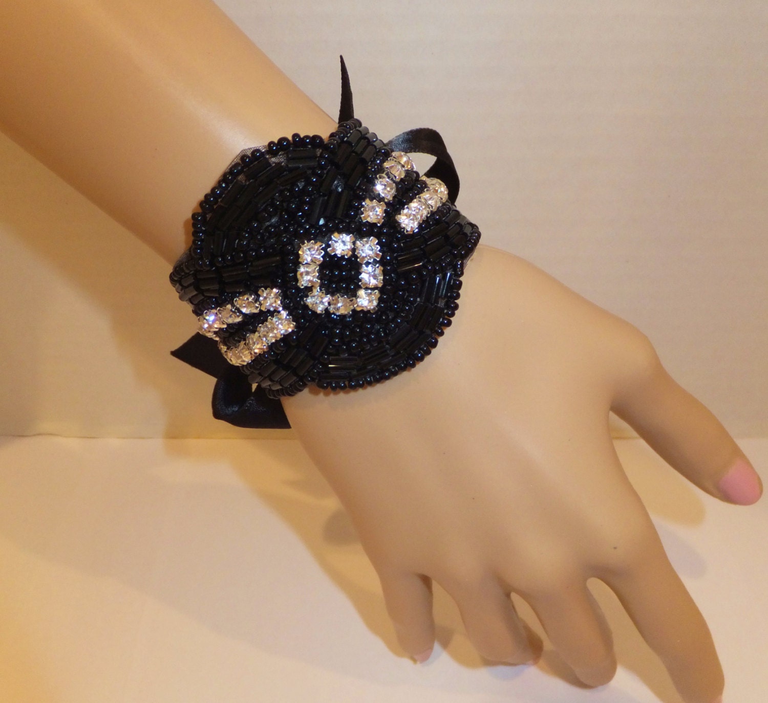 Art Deco Bridal Bracelet, KRISTY, Black Bridal Bracelet, Crystal Bracelet, Wedding Bracelet, Cuff Bracelet