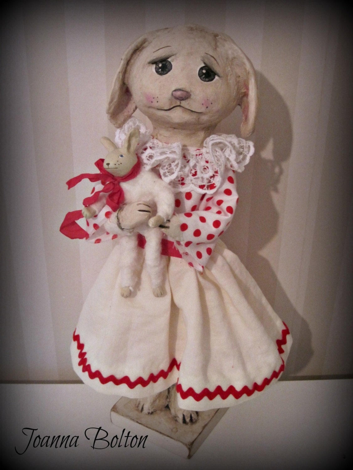 White Rabbit - papier mache- folk art- handmade art doll- folk art- ooak doll- polka dots