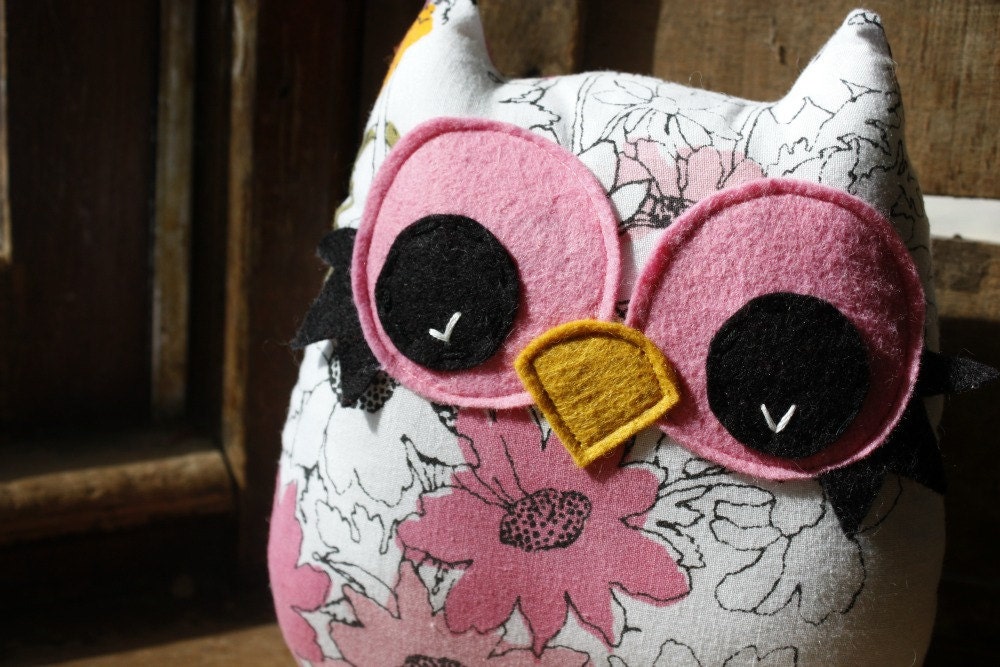 owl pillow, stuffed owl plush, owl decor, owl toy, spring, easter pink