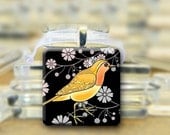 SALE Bird Pendant Necklace - Yellow & Orange on Black and White - 1 inch square tile
