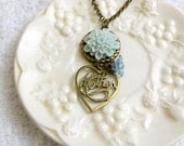 SALE Blue Flower Neclace - Mother's Day Antique Bronze Cabochon