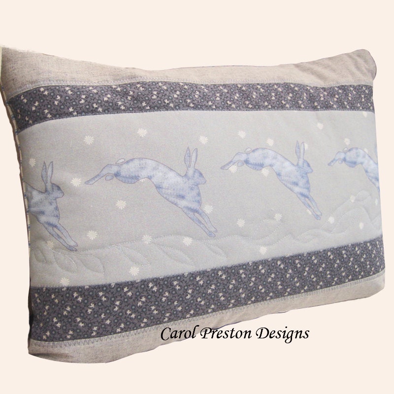 Hare Cushion  Pillow Soft Grey Muted Blue Quilted Cotton Linen Handmade Scandinavian