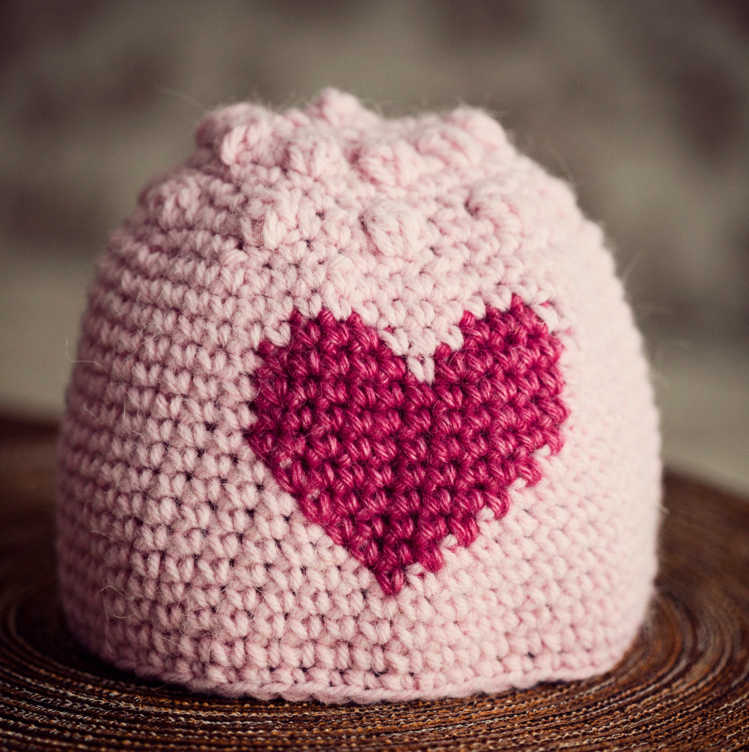 Sample SALE - crocheted Heart and Bobble Hat - child size (up to 20in)