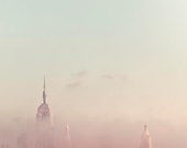 New York Skyline in fog - Empire State Building - Minimalist Manhattan - Pastel Metropolis - Pale White Pink Blue 8x10 - Raceytay