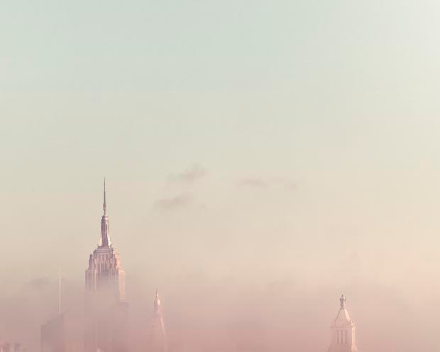New York City Skyline in fog - Empire State Building - Ombre Summer Pastel Minimalist Manhattan -Men  White Pink Blue 8x10