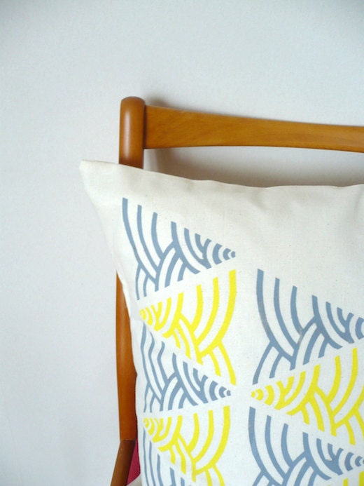 Hand Printed Pillow Cushion, Modern Geometric Triangles in Bright Yellow Fog Grey 50X50cm