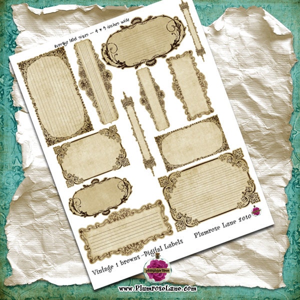 Elegant Vintage Labels in browns - Set of 12 - Instant Download