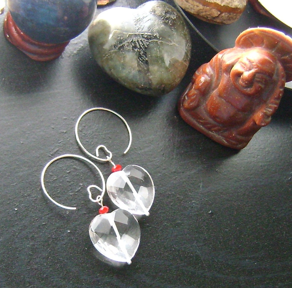 Faceted Hearts Valentines Earrings-Clear Rock Crystal with Red Accents on Heart Earwires